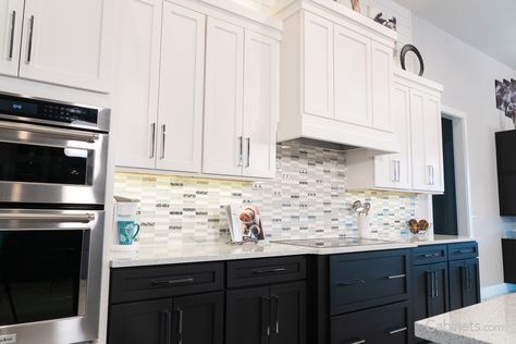 Tuxedo Cabinets Kitchen, Tuxedo Kitchen Cabinets, Tuxedo Cabinets, Kitchen With Shiplap, Tuxedo Kitchen, Shiplap Island, Wood Hood, Discount Cabinets, Modern Tuxedo