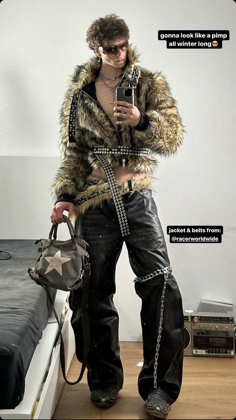 Edgy Outfits Male, Y2k Grunge Male, Fur Outfit Men, Punk Fashion Male, Marlon Noah, Racer Jacket Outfit, Guangzhou Style, Racer Jacket, Queer Fashion