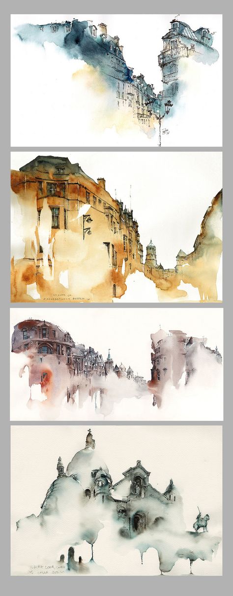 Sunga Park Art, Sunga Park Artist Page, Buildings Watercolor Paintings, Large Watercolour Painting, Architectural Watercolor Paintings, Urban Watercolor Paintings, Watercolor Urban Sketching, Watercolor Architecture Sketches, Large Watercolor Paintings