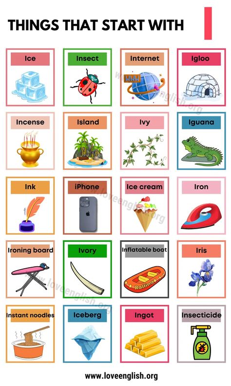 22 Excellent Examples Of Things That Start With I - Love English Things That Start With A, English 101, Vowel Activities, English Learning Books, Letter Crafts, Learning Books, Alphabet Words, Growth Mindset Posters, Phonics Kindergarten