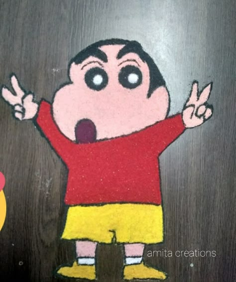 Cartoon character Shinchan rangoli design Cartoon Characters Rangoli, Funny Rangoli Designs, Shinchan Rangoli Designs, Cartoon Embroidery Patterns, Anime Rangoli, Cartoon Rangoli For New Year, Cartoon Kolam Designs, Cartoon Rangoli Designs For New Year, Shinchan Rangoli