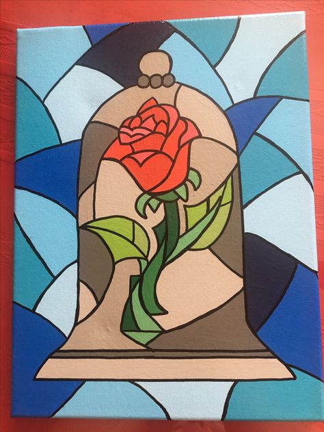 . Beauty and the Beast. 9x12 canvas with acrylic paints, black oil based marker, and ModPodge glossy finish Disney Love Paintings Easy, Very Big Canvas Painting Ideas, Disney Paintings Easy Beauty And The Beast, Beauty And The Beast Stained Glass Rose, Beauty And Beast Painting, 9x12 Canvas Painting Ideas Easy, 24x36 Painting Ideas, Easy Beauty And The Beast Painting, Big Canvas Painting Ideas Disney