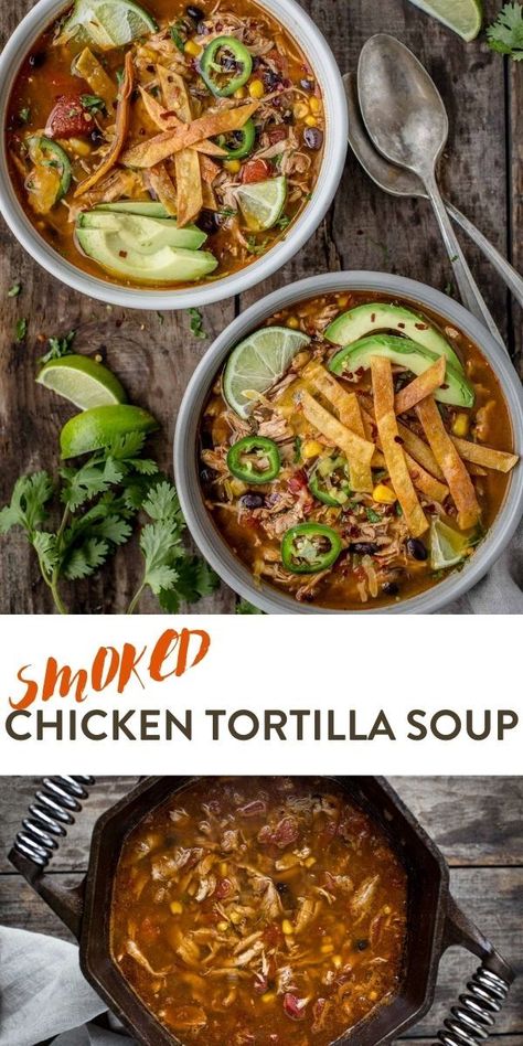 Smoked Chicken Tortilla Soup made with Smoked Chicken. Hearty and comforting fall soup. Tortilla Soup Crock Pot, Smoked Chicken Recipes, Chicken Tortilla Soup Crock Pot, Chicken Tortilla Soup Recipe, Soup Keto, Tortilla Strips, Chicken Tortillas Soups Recipe, Homemade Chicken Stock, Tortilla Soup Recipe