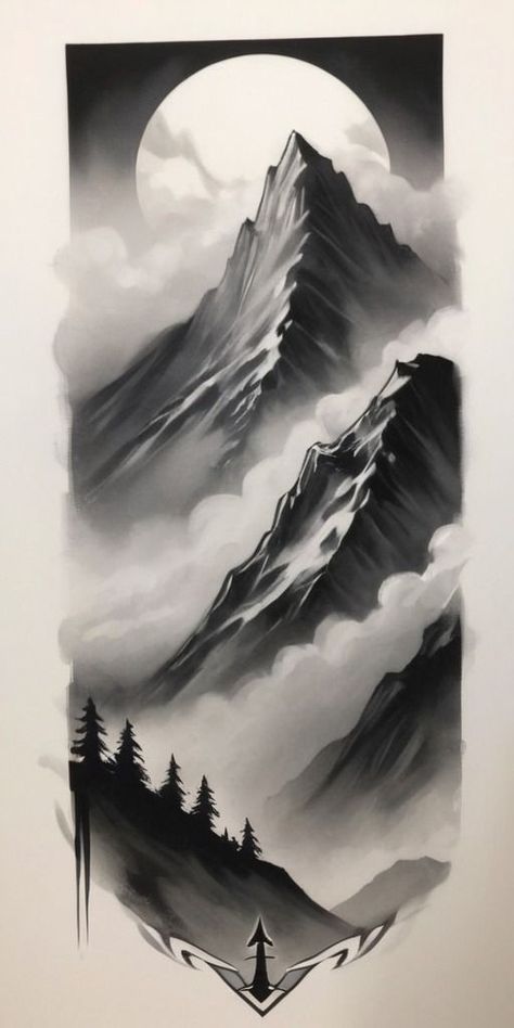 Mountains Tattoo Design, Alaska Tattoo, Mountains Background, Red Dead Redemption Art, Mangas Tattoo, Scene Tattoo, Mountain Tattoo Design, Buddha Tattoo Design, Nature Scene Tattoo