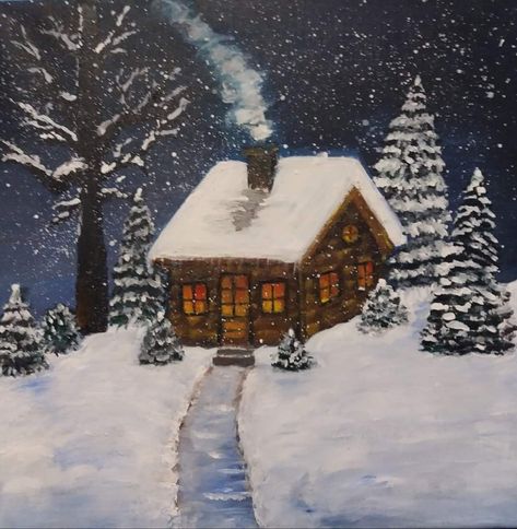 Cottage Drawing, Winter Scene Paintings, Winter Drawings, Christmas Canvas Art, Cottage Painting, Christmas Landscape, Christmas Paintings On Canvas, Painting Snow, Winter Watercolor