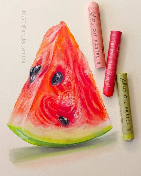 Fruit To Draw, Paper Reference, Watermelon Drawing, Oil Pastel Techniques, Fruit Art Drawings, Colored Pencil Art Projects, رسم كاريكاتير, Oil Pastel Drawings Easy, Soft Pastels Drawing