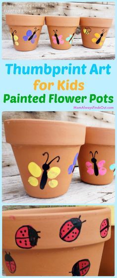 Thumbprint Art Project For Kids - Easy craft idea! Painted flower pots make cute homemade Mother's Day Gifts. Crafts Kids Thumbprint Art, Thumbprint Art For Kids, Thumbprint Art, Garden Crafts For Kids, Fingerprint Art, Homemade Mothers Day Gifts, Preschool Craft, Flower Pot Crafts, Painted Flower Pots