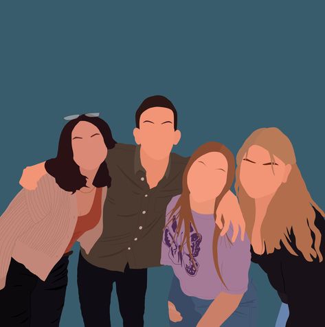 Group Of Four Friends Drawing, Group Illustration Friends, Family Photo Illustration, Friends Group Illustration, Siblings Illustration Art, Four Siblings Aesthetic, Group Photo Illustration, Friends Illustration Art Friendship, Group Of Friends Illustration