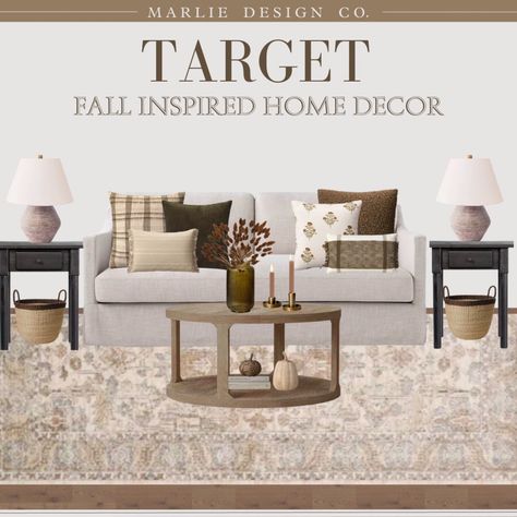 Fall inspired home decor | fall decor | fall living room decor | living room decor | throw pillows | coordinating throw pillows | loloi Teagan rug | neutral rug | neutral throw pillows | vase | fall stems | side table | coffee table | table lamp | living room lamp | bedroom lamp | nightstand | end table | black side table | studio McGee | Target home decor | neutral sofa | affordable sofa | round coffee table | pumpkin decor | candle holder | taper candles | woven basket | warm neutrals Table Lamp Living Room, Sofa Round, Room Lamps Bedrooms, Fall Stems, Lamp Nightstand, Mcgee Target, Bedroom Lamps Nightstand, Home Decor Neutral, Neutral Throw