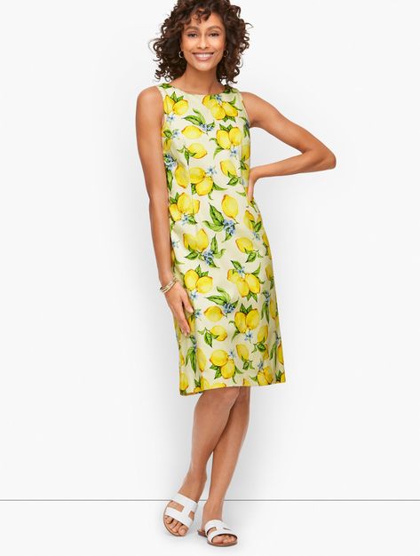 Button Detail Shift Dress. Our easy, flattering-for-all shift silhouette. Designed from breathable cotton in a gorgeous lemon blossom print. Sleeveless. Fully lined. Features Shift Dress Sleeveless Concealed back zip closure Hits At Knee Lined Imported Fit: Misses: 39 1/2"; Petite: 37 1/2"; Plus: 42"; Plus Petite: 39 1/4" Material: 98% Cotton, 2% Spandex; Lining: 100% Polyester Care: Machine Wash Cold; Only Non-Chlorine Bleach When Needed; Tumble Dry Low; Warm Iron, If Needed | Lemon Blossom Shi Talbots Outfits, Summer Dresses Knee Length, Shift Dress Styles, Classic Dresses, Casual Workwear, Mum Fashion, Blossom Print, Georgette Dress, Classic Style Women