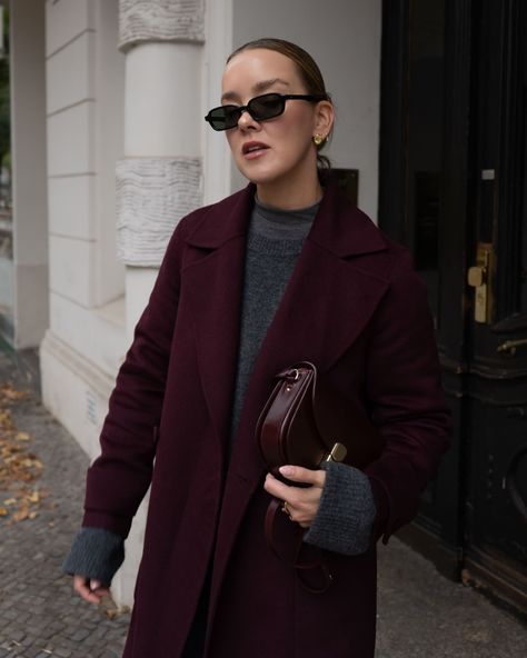 burgundy tight season is back 🍒🍷 Burgundy coat @josephfashion Grey knit @sezane Burgundy tights @calzedonia Bag @sezane #winterfashion #sezanelovers #burgundy , burgundy tights, red tights, weinrot, oxblood, sezane bag, winter outfit inspo, knitwear , grey knit , Burgundy Peacoat Outfit, Burgundy And Red Outfit, Burgundy Outfit Winter, Burgundy Jumper Outfit, Maroon Coat Outfit, Burgundy Bag Outfit, Burgundy Coat Outfit, Burgundy Tights Outfit, Short Coat Outfit