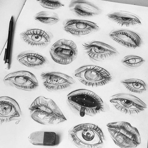 Portraits Features and Drawings Studies. To see more, larger size art and information about Tomasz Mro, click the image. #eyes #lips #mouth #face #features Kunst Inspo, 심플한 그림, Realistic Eye Drawing, Desen Realist, Mouth Drawing, Eye Drawing Tutorials, Výtvarné Reference, Drawing Eyes, Desen Anime