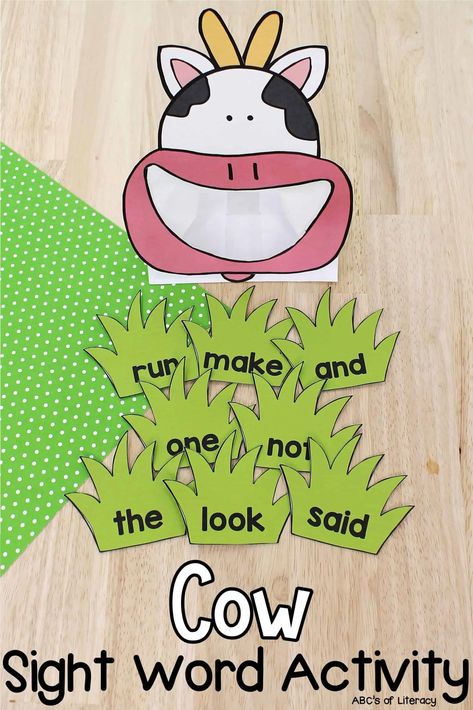 This free printable Cow Sight Words Activity is a Preschool Stations, Preschool Sight Words Activities, Sight Words Activity, Reading Sight Words, Printable Cow, Sight Words Kindergarten Activities, Alphabet Flash Cards Printable, Rhyming Games, Farm Animals Activities