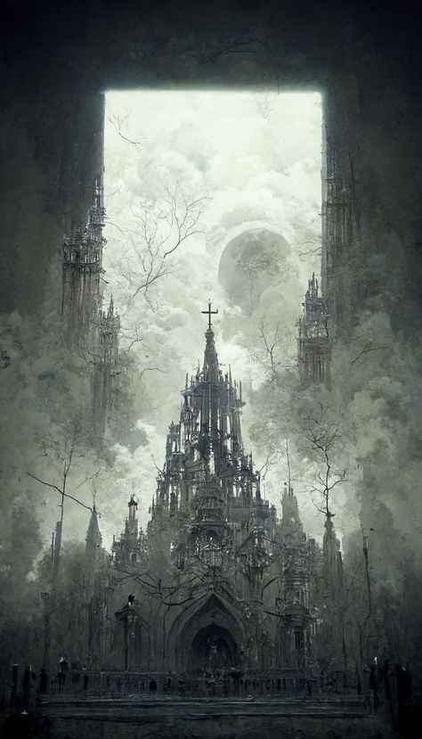 Cathedral Painting Gothic, Gothic Landscape Art, Giant Architecture, Gothic Asethic, Gothic Cities, Gothic Cathedral Aesthetic, Gothic Church Aesthetic, Gothic Futurism, Gothic Painting Ideas