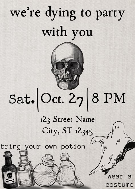 Happy Halloween! This simple, eerie halloween party invitation can be customized for your upcoming get together! I hope this invitation helps bring people together to celebrate your friends/kids and create special memories you'll never forget! THIS IS A DIGITAL DOWNLOAD, NO PHYSICAL PRODUCTS WILL BE SHIPPED PRODUCT DETAILS: Format: Digital Download (.pdf) Size: 5"x7" portrait invitation After Purchase, you will receive a confirmation email with a PDF document attached. Open that document and cli Halloween Invitation Ideas Diy, Halloween Dinner Invitations, Halloween Themed Party For Adults, Cute Halloween Invitations, Halloween Invations Ideas, Halloween Themed 30th Birthday Party, Halloween Invite Template, Halloween Invite Ideas, Halloween Party Inspo Decor