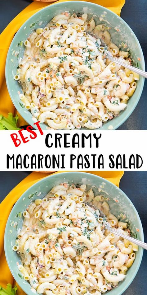 teal bowl filled with Creamy Macaroni Pasta Salad and spoon Salad For Picnic, Cold Pasta Salad Recipes Easy, Cold Pasta Salad Recipes Healthy, Summer Pasta Salad Recipes Cold, Creamy Pasta Salad Dressing, Recipes With Elbow Noodles, Pasta Salad With Mayo, Pasta Dressing, Easy Cold Pasta