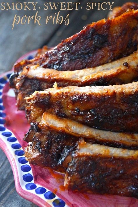 Smoky, Sweet and Spicy Pork Ribs | Cooking on the Weekends Spicy Ribs, Oven Baked Pork Ribs, Sweet And Spicy Pork, Baked Pork Ribs, Pork Ribs Recipe, Weekend Recipes, Dry Rub Recipes, Rib Meat, Pork Rib Recipes