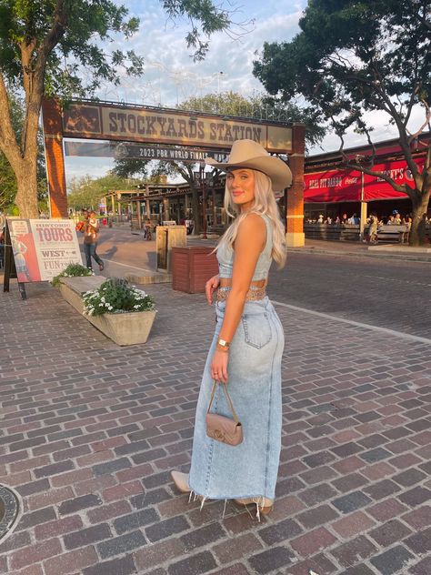 Rodeo Outfit Western Outfit Denim Maxi Skirt Cowgirl Hat Cowgirl Boots Gucci Purse Western Belt Dallas Fort Worth Texas Stockyards Satin Skirt With Cowgirl Boots, Rodeo Outfits Denim Skirt, Bone Cowboy Boots Outfit, Casual Cowgirl Hat Outfit, Dallas Stockyards Outfits, Stockyards Outfit Summer, Denim Skirt With Cowgirl Boots, Texas Western Outfits, Denim Cowgirl Boots Outfit