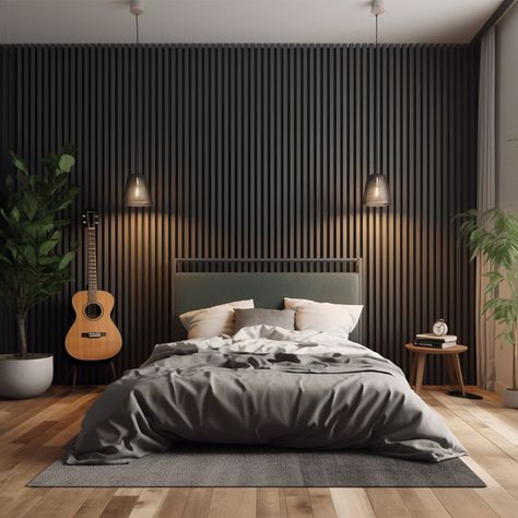 Slat Veneer Wall Panels vs. Other Soundproofing Solution Perete Accent, Design Ložnic, Black Feature Wall, Feature Wall Bedroom, Mdf Panel, Wood Slat Wall, Accent Wall Bedroom, Bedroom Panel, Wood Panel Walls