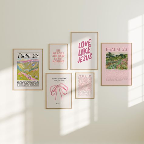 Brighten your space with our Christian Wall Art Bundle in Pink, featuring adorable Bible verse printable posters. Perfect for trendy apartment decor or as cute preppy wall art, this collection of Christian prints adds a stylish and faith-filled touch to any room. Elevate your decor with these inspiring and charming designs. This Product Is An Immediate Digital Download WHAT YOU GET: FORMATS: JPG 300 DPI HIGH QUALITY in the following sizes: 4" x 6" 5" x 7" 8" x 10" 11" x 14" 11" x 17" 16" x 20" 18" x 24" 24" x 36"  HOW TO DOWNLOAD + PRINT  When you purchase a Digital Download product from Olkening Press on Etsy, you will receive a PDF download containing a link to download all files included in the purchase. Once you download the files you are able to print them at home or have them printed Bible Verse Artwork Wall Decor, Christian Decor Ideas For Bedroom, Bible Verses To Hang In Your Home, Christian Dorm Room Decor, Cute Christian Bedroom Ideas, Cute Christian Decor, Cross Room Decor, Bible Verse Posters Wall Art, Christian Decor Ideas Wall Art