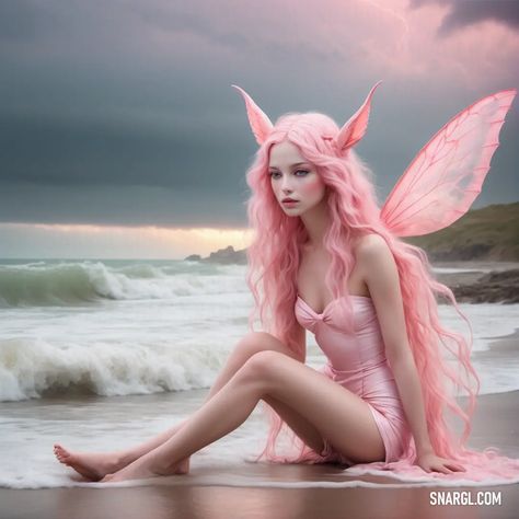 Nymph with pink hair and a pink dress on the beach with a pink fairy costume on. Light, Nymph. Cool monstrous creatures. Follow us and visit our site for more amazing content! #dress #digitalart #creative #spooky #costume #weird #style #halloween #horror #mythical #art #artwork #scifi #graphic #pink Mythical Creature Costume Ideas, Mythical Creatures Costumes, Pink Fairy Costume, Mythical Art, Sci Fi Costume, Weird Style, Pink Fairy, Fairy Pictures, Fairy Fashion