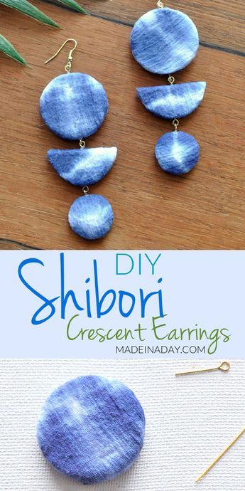 Drop Earrings Diy, Diy Shibori, Textile Earrings, Diy Earrings Easy, Denim Earrings, Diy Fabric Jewellery, Indigo Tie Dye, Crescent Earrings, Crochet Earrings Pattern