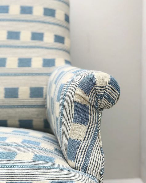 Christopher Farr Cloth’s Instagram post: “This beautiful chair has been re- upholstered by the talented @byannaelizabeth_ using our Lost and Found fabric shown here in denim.…” Victorian Terrace Kitchen, Wingback Chair Living Room, Christopher Farr, Dining Chair Upholstery, Feature Chair, Mason Jar Flowers, Country Bedroom, Bank Holiday Weekend, Blue Chair