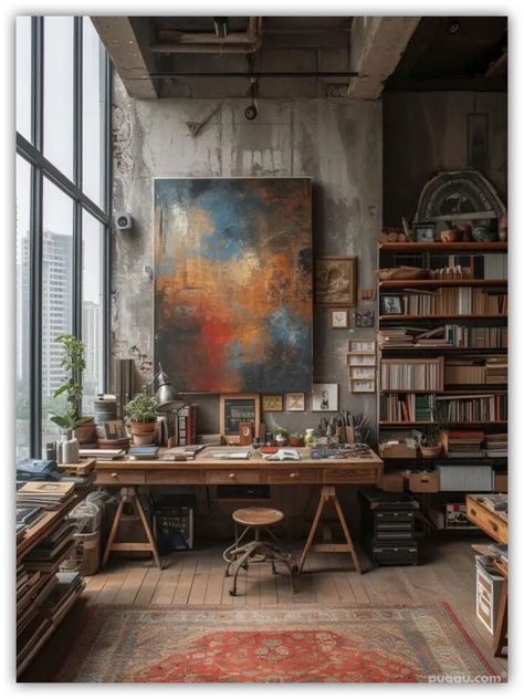 Bohemian Office Space, Art Studio Space, Art Studio Room, Artist Loft, Art Studio Design, Artistic Furniture, Art Studio At Home, Artistic Space, Dekor Diy