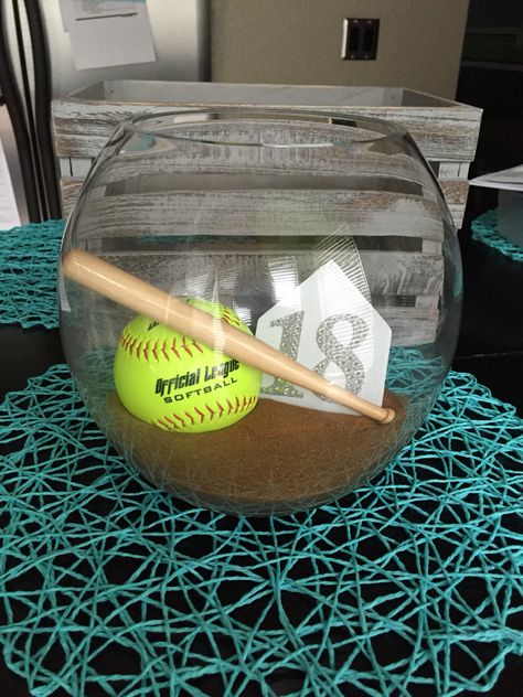 Softball inspired fishbowl...personalize with your favorite players number!! Softball Banquet Decorations, Softball Table Centerpieces, Softball Centerpieces Banquet, 8th Grade Night Softball Ideas, Softball Wedding Ideas, Softball Graduation Party Ideas, Softball Centerpieces Table Decorations, Softball Banquet Ideas Table Decorations, Senior Table Ideas Sports