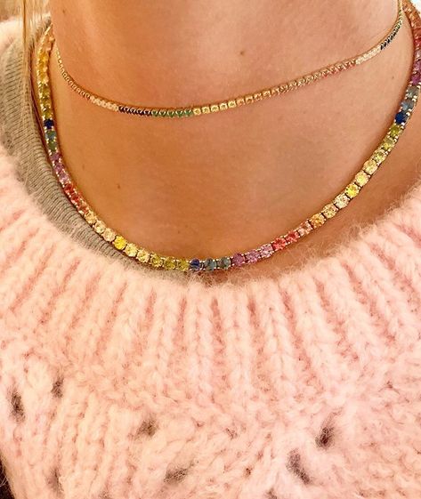 A sexy rainbow twist 🔥👌🏼 Rainbow Choker, Thick Chain Necklace, Rainbow Necklace, Rainbow Crystal, Tennis Necklace, Colorful Rainbow, Pave Setting, Gold Plated Sterling Silver, Heart Charm