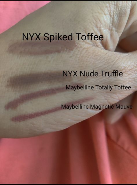 NYX Spiked Toffee lipgloss
NYX Nude Truffle lip liner
Maybelline Totally Toffee lip liner
Maybelline Magnetic Mauve lip liner Nyx Moonwalk Lip Liner, Nyx Lip Liner Nude Truffle, Nyx Spiked Toffee, Nude Truffle Nyx Lip Liner, Nyx Nude Truffle Lip Liner, Maybelline Swatches, Nyx Nude Truffle, Mauve Lip Liner, Maybelline Lip Liner