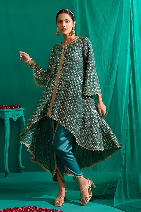 Buy Green Kurta Georgette Embroidery Ruffled Asymmetric Work With Tulip Pant For Women by Mustard Moon by Neyha and Vrinda Online at Aza Fashions. Georgette Kurta, Tulip Pants, Pant For Women, Indian Dresses Traditional, Kurta Designs Women, Event Outfit, Indian Fashion Designers, Indian Designer Outfits, Satin Color