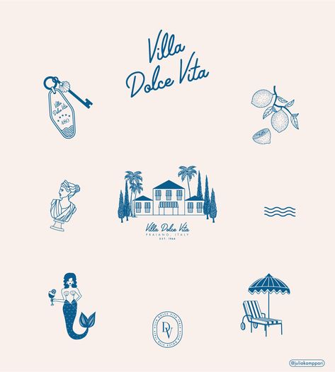 Amalfi Coast Tattoo Ideas, Italian Villa Illustration, Italy Illustration Graphic Design, Italian Illustration Vintage, La Dolce Vita Wedding Theme, Italian Summer Illustration, Italian Branding Design, Dolce Tattoo, Southern Graphic Design