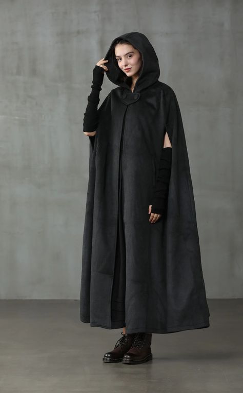 Maxi Hooded Wool Coat Cloak (8 Colors) – Linennaive Modern Cloak Outfit, Cloak Poses, Fantasy Hooded Cloak, Victorian Cloak, Fantasy Cloak, Long Hooded Cloak, Medieval Coat, Cloak Outfit, Wool Cloak