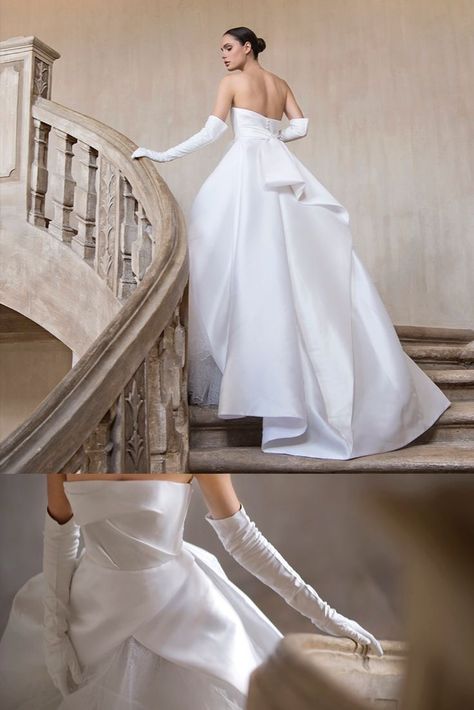 Draped Ballgown Wedding Dress, Silk Gloves Wedding Dress, Silk Wedding Dress Gloves, Peter Langner Wedding Dress, Long Gloves With Wedding Dress, Wedding Dresses Silk Ballgown, Elegant Wedding Dress Gloves, Mikado Wedding Dress Long Sleeve, Couture Satin Wedding Dress