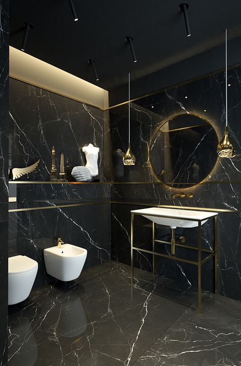 Guest bathroom on Behance Bathroom Interior Design Luxury Black, Bathroom Interior Design Luxury, Black Tile Bathrooms, Gold Bathroom Decor, Black And Gold Bathroom, Black Bathroom Decor, Modern Luxury Bathroom, Bathroom Design Black, Dark Bathrooms