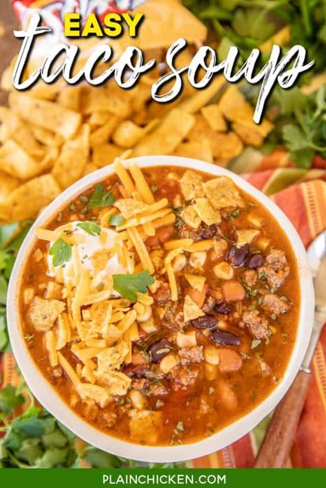 Easy One-Pot Meals - Plain Chicken Mexican Tomato Soup, Beef Taco Seasoning, Chicken Taco Soup Recipe, Ground Beef Taco, Easy Taco Soup, Beef Taco, Taco Soup Recipe, Chicken Taco Soup, Creamy Tomato Soup