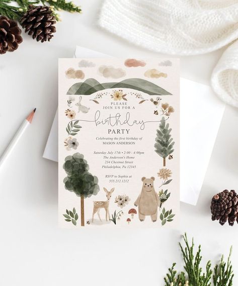 Boho Woodland Birthday Party Invitation Template, Birthday Invite, Printable, Editable Birthday Party Invite for Kids, For Him, For Her #PartyThemes #AnimatedTheme Woodland Theme Birthday Party, Cute Birthday Invitations, Bear Birthday Party Invitations, Woodland First Birthday, Birthday Party Invite Template, Kids Party Invitations, First Birthday Invite, Virtual Baby Shower Invitation, Kids Birthday Invitation