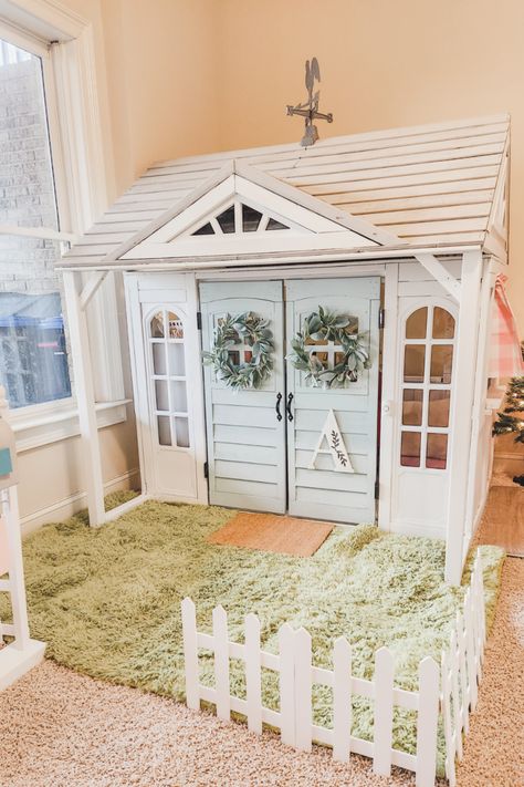 Kidkraft Country Vista Playhouse Makeover, Repurposed Playhouse, Backyard Discovery Playhouse Makeover, Makeover Playhouse, Kids Playhouse Interior, Kidkraft Playhouse, Kidkraft Playhouse Makeover, Diy Playhouse Makeover, Playhouse Remodel