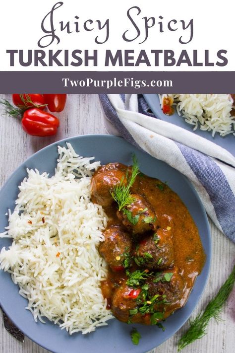 My Turkish Meatballs are slightly spicy and bathed in a tangy yogurt sauce with fresh herbs. These juicy meatballs are classically served with white rice or bread, but you can go bold and serve it with pasta too. Video Included!! #meatballs #turkishmeatballs #juicymeatballs #easyrecipe | twopurplefigs.com @twopurplefigs Middle Eastern Meatballs, Mujadara Recipe, Turkish Meatballs, Rice Video, Juicy Meatballs, Moroccan Food, Yogurt Sauce, Easy Cooking Recipes, Middle Eastern Recipes