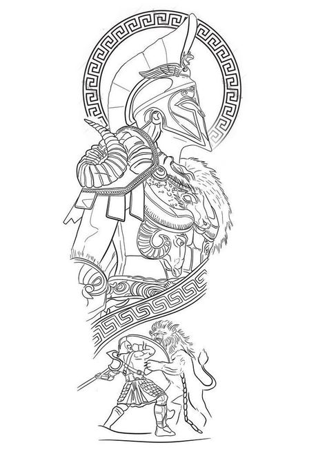 Half Sleeve Tattoo Designs For Men, Best Leg Tattoo Men Design Sketch, Gladiator Tattoo Ideas, Greek Half Sleeve Tattoo, Warrior Tattoos Design, Spartan Back Tattoo, Poisidons Tattoo, Spartan Tattoo Stencil, Forearm Tattoo Template