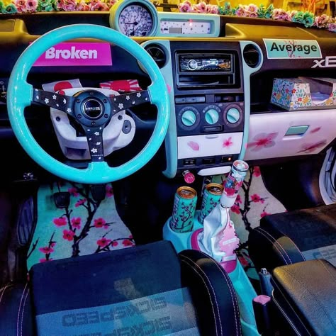 modify Anime Car Interior Ideas, Jdm Car Interior, Pink Car Interior, Blue Car Accessories, Cool Car Gadgets, Pink Car Accessories, Car Interior Diy, Custom Car Accessories, Inside Car