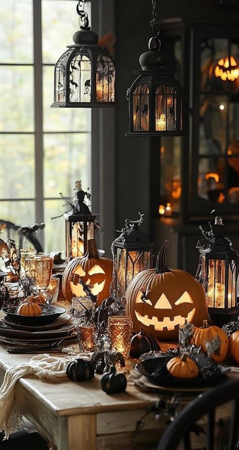 Dive into the depths with these underwater-themed Halloween table decorations! Drape your table in shimmering blue fabric to mimic water. Create an eerie centerpiece with a mermaid skeleton surrounded by bioluminescent jellyfish (use LED lights). Incorporate seashell-shaped plates and driftwood placeholders. Add tentacle-wrapped candle holders and shark tooth napkin rings. Use fishing net as a table runner, scattered with pearls and starfish. This aquatic horror setup will make waves at your Hal Dining Room Halloween Decorations, Halloween Cocktail Table Decor, Halloween Table Scapes, Aquatic Horror, Halloween Party Table Setup, Halloween Dinner Table Decor, Halloween Centerpiece Ideas Table, Halloween Table Display, Halloween Dining Table Decor