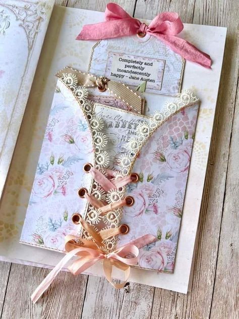 Pretty Cards Diy, Pink Scrapbook Aesthetic, Junk Journal Spreads, Vintage Scrapbook Ideas, Junk Journal Layout, Junk Journal Pages Ideas Layout, Angela Kerr, Make A Corset, How To Make A Corset