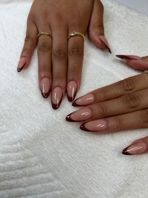 Wpb, FL Brown Deep French Nails, Almond Nails Designs Fall Brown, Brown Girls Nails, Brown Round French Tip Nails, Brown Tip Acrylic Nails Almond, Almond Nails Fall Colors French Tip, Fall Brown French Tip Nails Almond, Brown French Tip Almond Acrylic Nails, Chocolate Brown French Tip Almond Nails