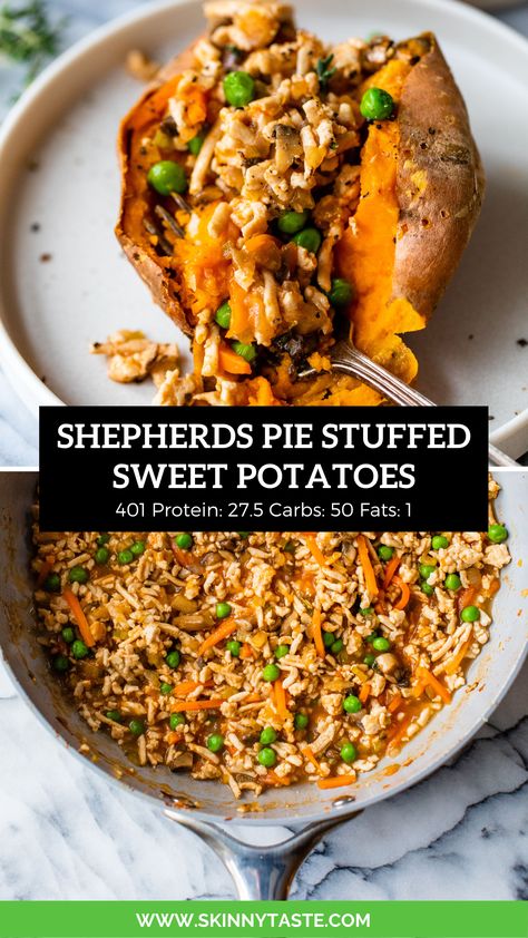 Inspired by my Shepherd's Pie, I made an easy and healthy, loaded sweet potato topped with ground turkey shepherds pie filling – it came out great! #shepherdspie #sweetpotato #groundturkey #easydinner #healthyrecipes #weightwatchers #dinner Skinnytaste Recipes Sweet Potato, Skinnytaste Dinner, Turkey Shepherd's Pie, Loaded Baked Sweet Potato, Turkey Shepherds Pie, Stuffed Sweet Potato, Stuffed Sweet Potatoes, Loaded Sweet Potato, Shepherds Pie Recipe