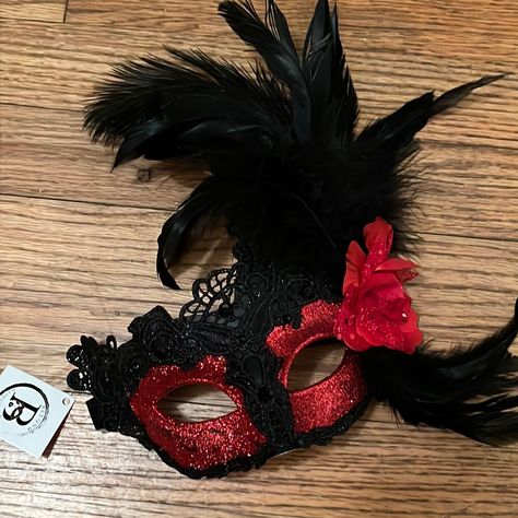 Masquerade Mask With Red Glitter, Black Lace, Red Flower, And Black Feathers. Nwt, Never Worn, Just Can’t Return It! Masquerade Mask On Stick, Black And Red Quince Dress, Red And Black Quinceanera Theme, Red And Black Masquerade Mask, Gold Sweet 16 Dresses, Red Masquerade Mask, Masquerade Party Centerpieces, Masquerade Party Themes, Masquerade Prom