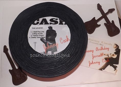 Johnny Cash Themed Birthday Party, Johnny Cash Cake, Johnny Cash Birthday, Cash Cake, First Birthday Theme Boy, Record Cake, I Walk The Line, Dad's Birthday, First Birthday Themes