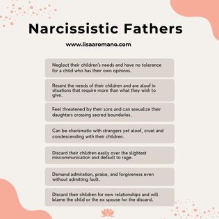 Lisa A. Romano Breakthrough Life Coach - When you have a narcissistic father, there are no boundaries. If you are the son of a narcissistic father, you may have grown up feeling as if your father was competing with you, and if you are the daughter of a narcissistic father, you may have been sexualized and groomed to believe the goal is to become pleasing to a man's eye. Narcissistic fathers are similar to silverback gorillas. They want what they want, think what they think, demand what they demand, believe they have a right to throw their weight around, and care little what others feel or think about how they think, or about the consequences their beliefs and actions have on others. They easily withhold their love and affection when their children do not agree with them, acquiesce, or w Narcissistic Fathers Of Daughters, Narcissistic Fathers, Narcissistic Father, Causes Of Narcissism, Lack Of Empathy, Love And Affection, Co Parenting, Personality Traits, New Relationships