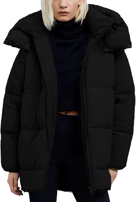 Hooded Quilted Puffer Jacket Mid-Length Padded Warm Winter Heavyweight Coat Outerwear Oversized Hooded Jacket, Outerwear Women Winter, Women's Puffer Coats, Cold Weather Jackets, Bubble Coat, Warm Winter Jackets, Long Puffer Coat, Winter Knit Hats, Long Puffer